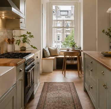 A wide shot of a calm, uncluttered London kitchen, clear surfaces, a few intentional objects
