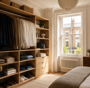An organised wardrobe in a London bedroom with period cornicing, sash window in background