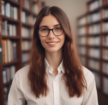 Smiling woman reading a book in a cozy home office setting