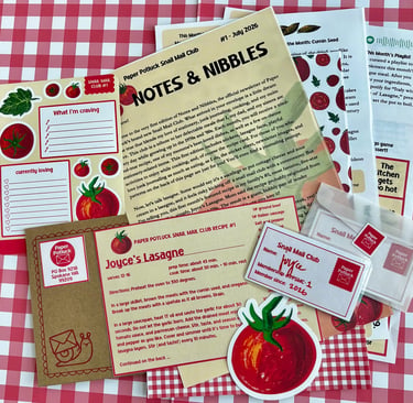 Paper Potluck Snail Mail Club stationery set featuring recipes and tomato illustrations on a red checkered background.