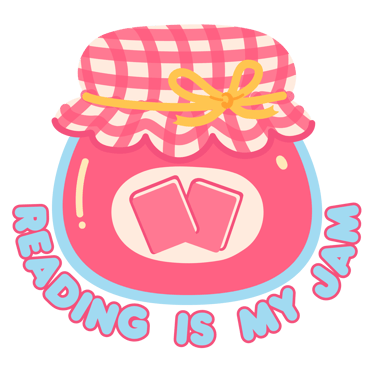 Pink strawberry jam jar illustration with book icons and Reading Is My Jam text.