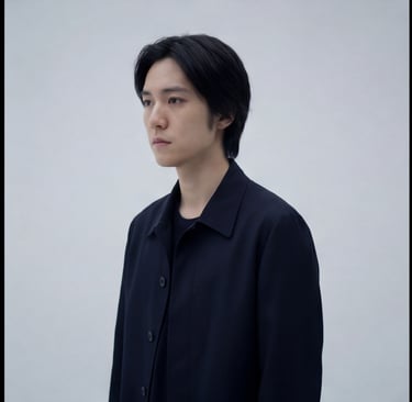 A young man with black hair wearing a stylish navy blue minimalist jacket against a plain white background.