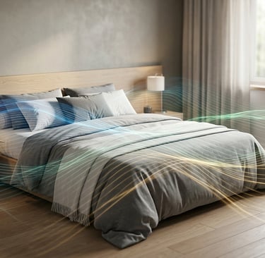 Smart air purifier monitor in a modern bedroom showing colorful air quality waves over the bed.