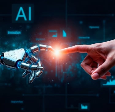 AI robot and human finger touches each other