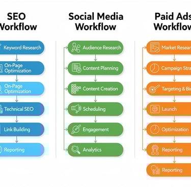 SEO, social media, and paid ads workflow explained in another diagram