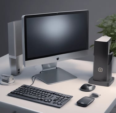 A sleek modern office desk with a live computer screen displaying IT infrastructure setup.