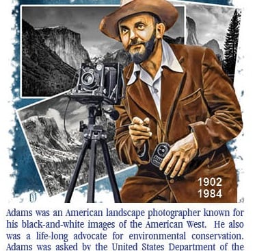 Cachet illustration of Ansel Adams with camera