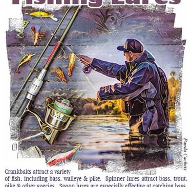 Cachet illustration of freshwater fishiing lures and fisherman