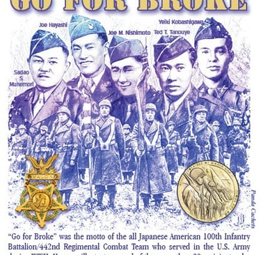 Cachet illustration of Go For Broke WW2 infantry men
