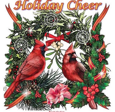 Cachet illustration of Holiday Cheer with wreath, cardinals, berries and flowers