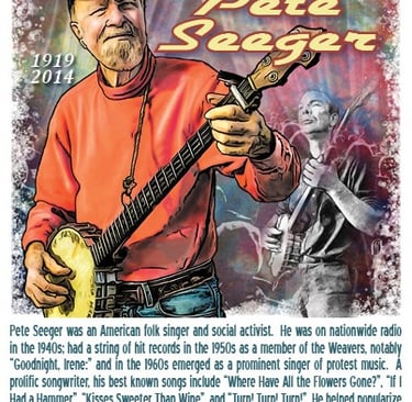 Cachet illustration of Pete Seeger playing banjo