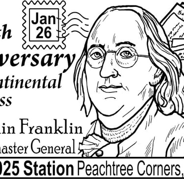 Show cancel illustration celebrating anniversary of 2nd Continental Congress, picturing Ben Franklin