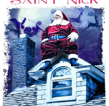 Cachet illustration of Santa Claus sitting on a roof top