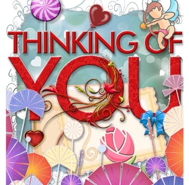 Cachet illustration of Thinking of You design with cupid and artistic flowers