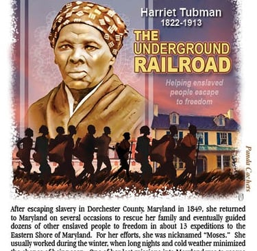Cachet illustration of Harriet Tubman and the Underground Railroad