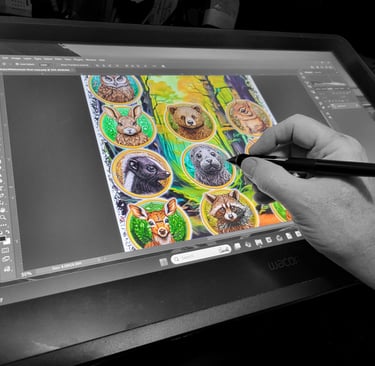 Hand drawing a color illustration on a graphic tablet