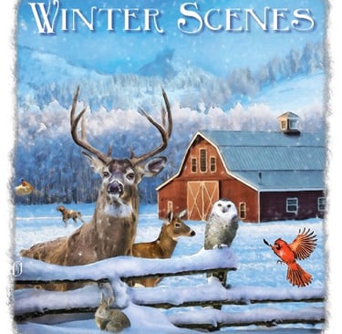 Cachet illustration of winter scene of barn and wildlife