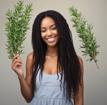 Close-up of fresh rosemary sprigs beside a small bottle of rosemary oil on a wooden surface.
