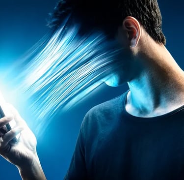 Imagem representando a dependência tecnológica: feixe de luz azul de um smartphone sugando o rosto