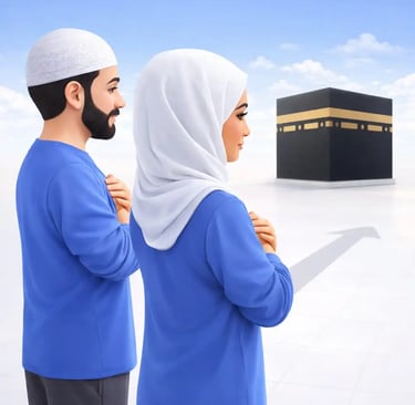 A Muslim man and woman in profile praying with hands folded  their chests, facing the Kaaba in a clean and peaceful 3D style.