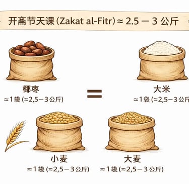 开斋节天课的食物数量示意图：每人约 2.5 至 3 公斤食物，例如小麦、大米、椰枣或大麦。