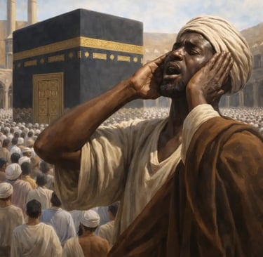 Illustration of Bilal ibn Rabah calling the Adhan near the Kaaba, proclaiming the Shahada in the first Islamic call to prayer