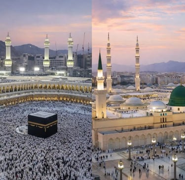 Masjid an-Nabawi in Medina and the Kaaba in Mecca, the two holiest mosques in Islam located in Saudi Arabia