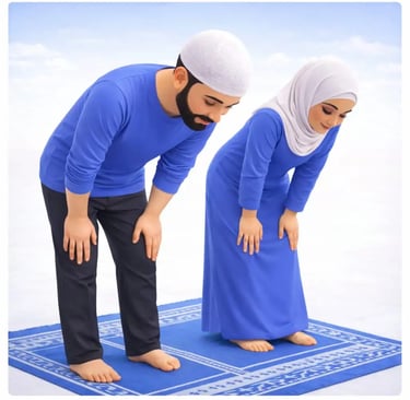 ruku Muslim man and woman bowing in prayer with hands on knees, wearing blue clothing, in a calm 3D illustration.