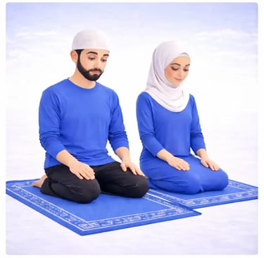 isla Sitting between prostrations Islamic prayer, Muslim man and woman kneeling position, blue clothing, clean 3D style.