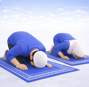 Sajda prostration Islamic prayer, Muslim man and woman forehead on ground, blue clothing, clean peaceful 3D illustration.