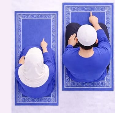 Tashahhud shahada sitting position Islamic prayer man and woman raising index finger blue clothing, clean 3D illustration