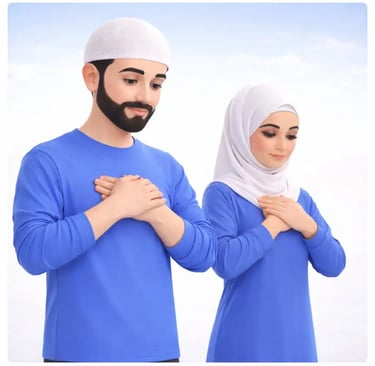  Qiyam Muslim man and woman standing in prayer with hands folded on their chests, in a clean and peaceful 3D style. 