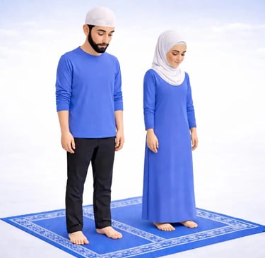 Standing  ruku i'tidal Islamic prayer Muslim man and woman returning upright, blue clothing, clean peaceful 3D illustration