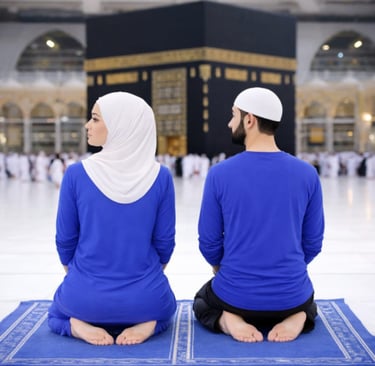 Salam turning head left Islamic prayer, Muslim man and woman completing salah, blue clothing, clean peaceful 3D illustration.
