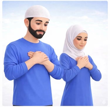Muslim man and woman demonstrating prayer position with right hand over left on the chest