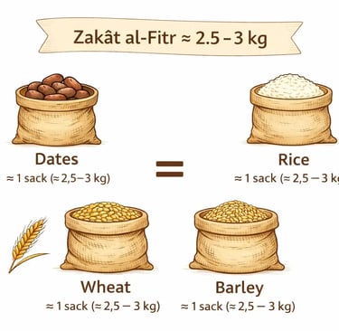 Zakat al-Fitr food amount illustration showing about 2.5 to 3 kg of staple foods such as wheat, rice, dates, or barley