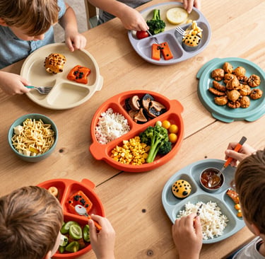 Bright living room with many colourful kids meal