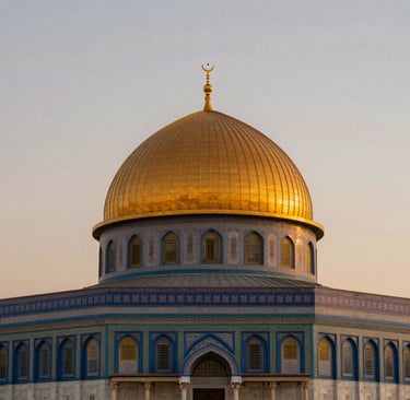 Islamic mosque with golden dome at sunset