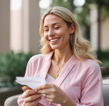 A serene pastel background featuring digital affirmation cards.