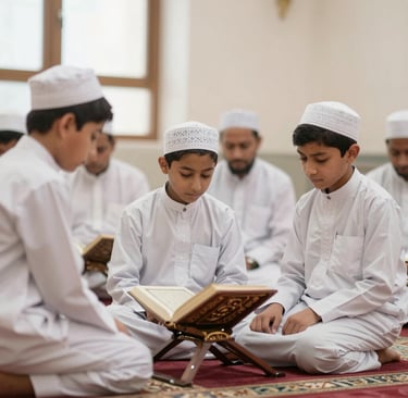 A teacher guiding a small group through daily duas in a warm, welcoming setting.