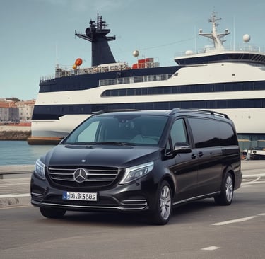 Black background with white outlines of Rome's Colosseum and a sleek modern car.