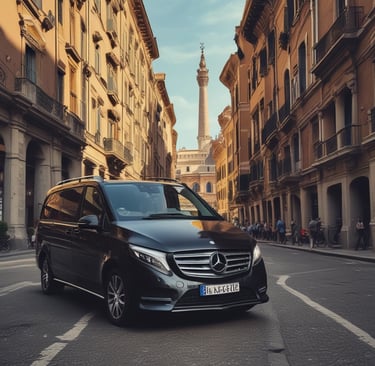Professional chauffeur opening the door of a modern vehicle for a smiling passenger.