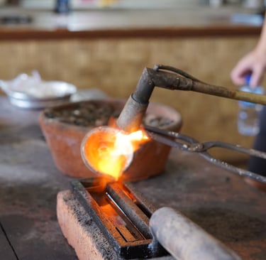 Silver granule is melted during silver class workshop