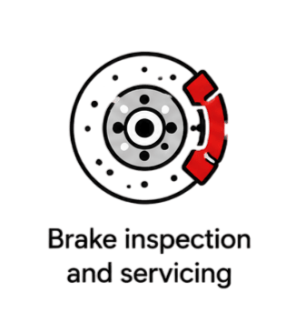 Graphic illustration of a car disc brake with a red caliper for brake inspection and servicing.