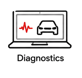 Laptop computer icon displaying car diagnostics software with a red heartbeat pulse wave.