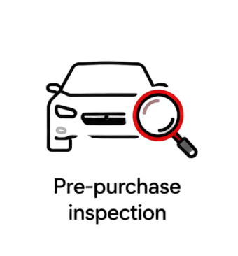 A car icon and magnifying glass representing a professional pre-purchase vehicle inspection.