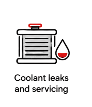 Radiator icon with a fluid drop representing car coolant leaks and servicing needs.