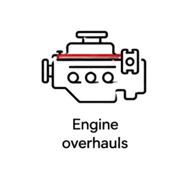 Graphic icon of a car motor with engine overhauls text for automotive repair services.