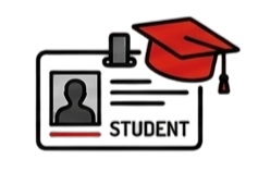 A red graduation cap icon resting on top of a black and white student ID card graphic.