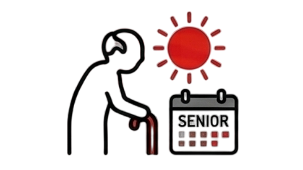 Icon of a senior person with a cane next to a calendar and sun symbol.